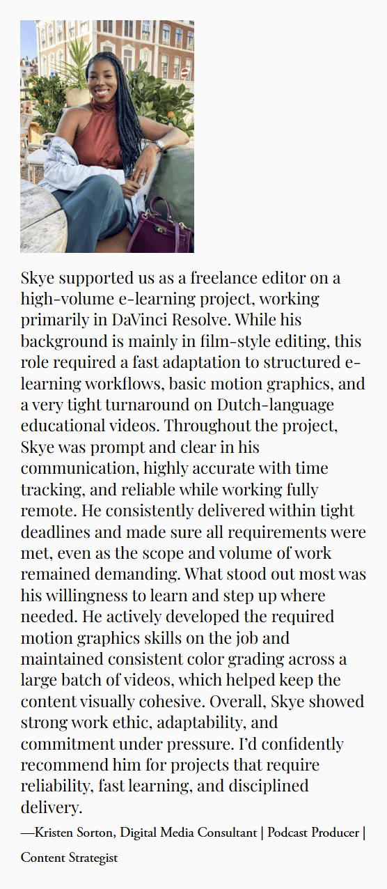 Testimonial from Krenee Simon, Digital Media Consultant and Podcast Producer, praising reliable and professional video editing collaboration