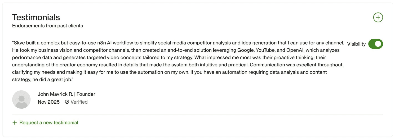 Testimonial from John Mavrick R., Founder, praising an AI automation workflow for competitor analysis and content strategy