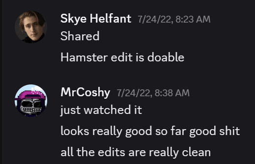 Discord message from MrCoshy praising clean video edits