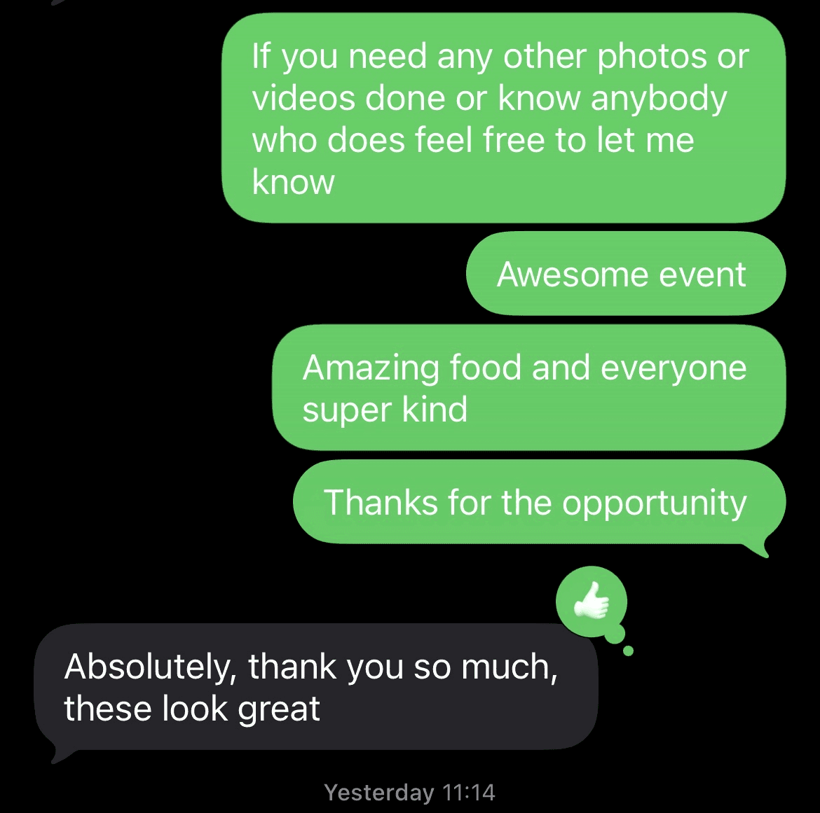 Text message from a client thanking for great-looking photos and videos