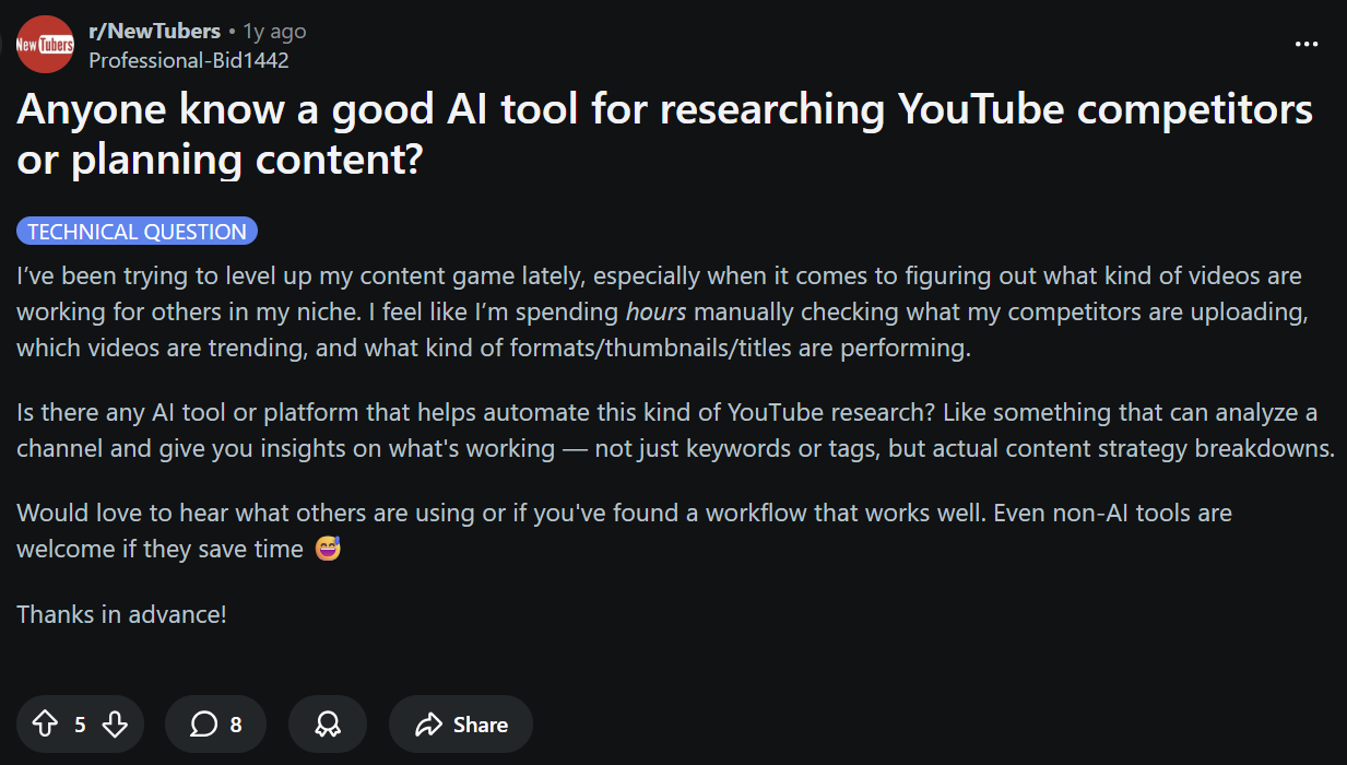 r/NewTubers post asking for AI tool to research YouTube competitors