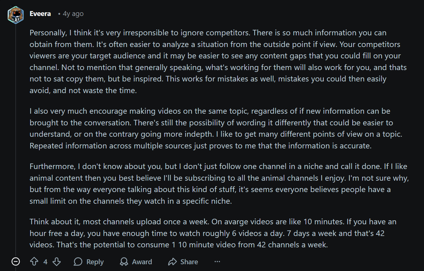Reddit comment about how ignoring competitors is irresponsible