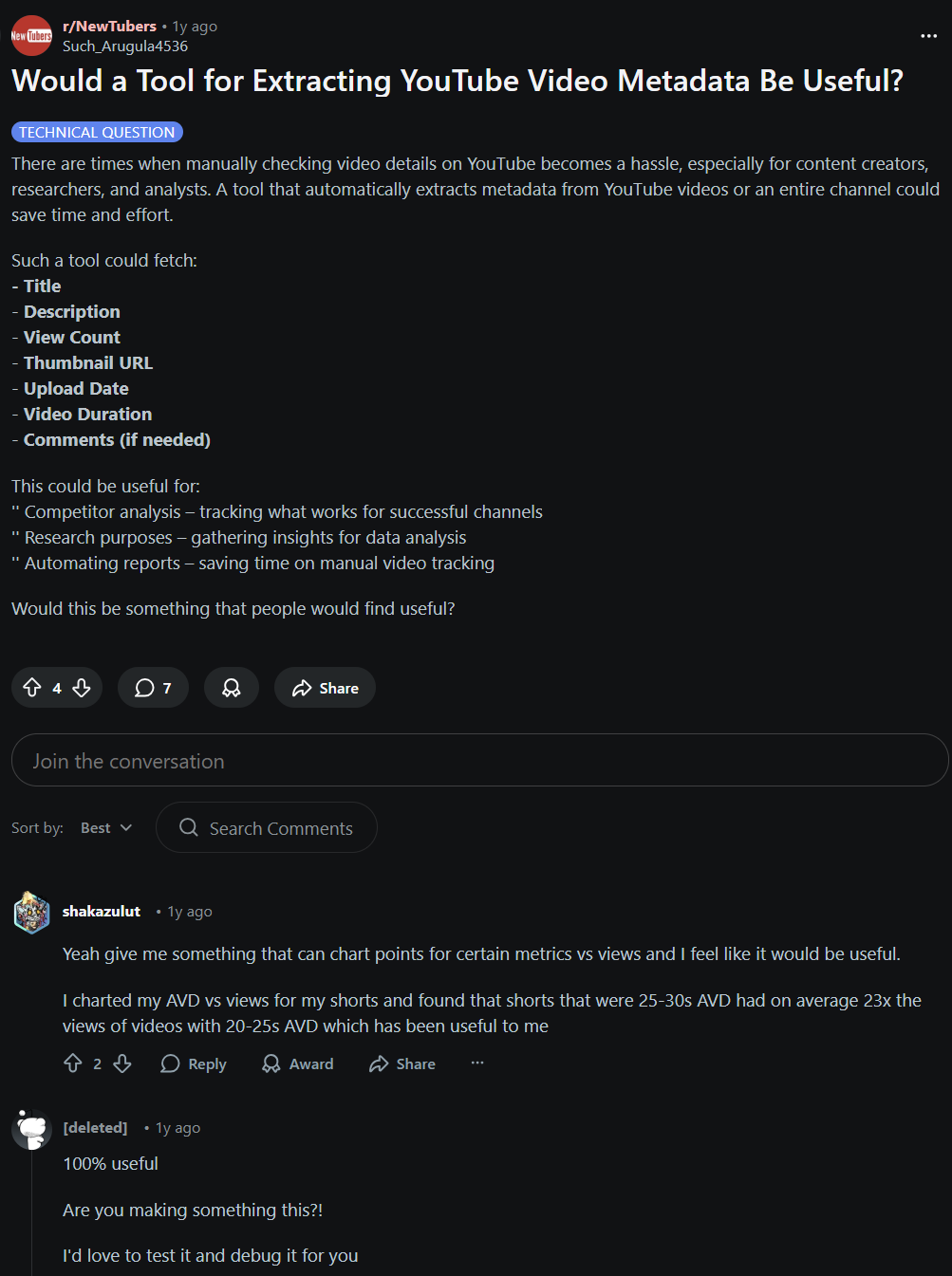 r/NewTubers post about a tool for extracting YouTube video metadata