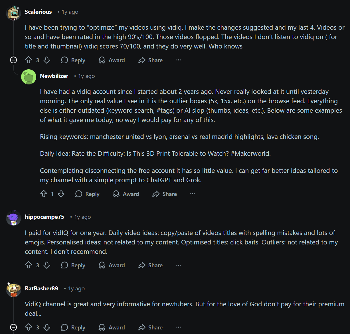 Reddit comments about vidIQ and competitor analysis tools