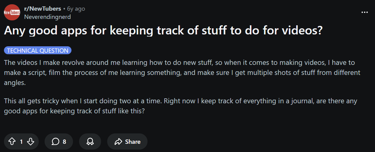 r/NewTubers post asking for apps to keep track of video ideas