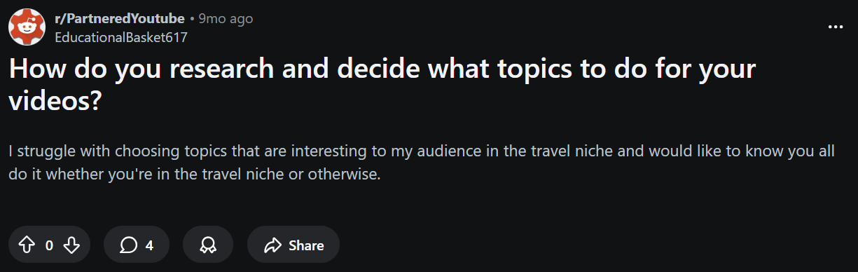 r/PartneredYoutube post about researching video topics